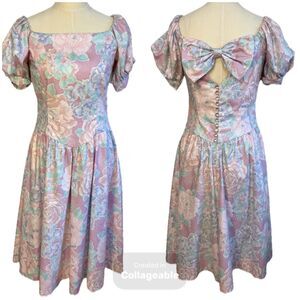 Vtg 70's Lanz Originals Dress S Puff Sleeve Bow Pink Floral Cottage Pockets USA